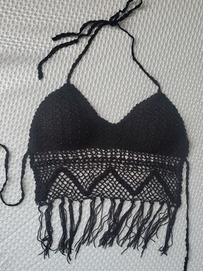 Black Crochet Fringe Halter Crop Top